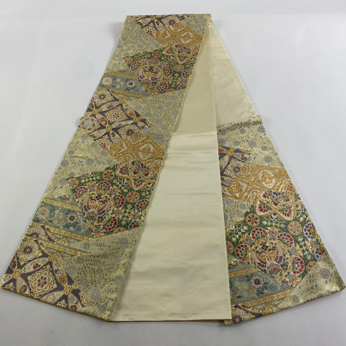 【清倉特賣】 袋帶 美品 名品級 向鳥 七寶 金絲 金金箔 淺黃 六通 純蠶絲