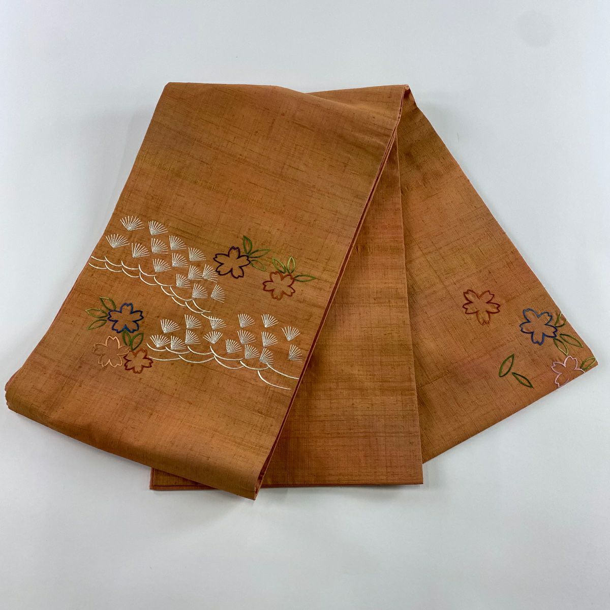【庫存清倉】 袋帶 美品 優品級 紬織織 松樹 樱花 刺繡 金銀彩 橙色 大鼓圖案 純蠶絲