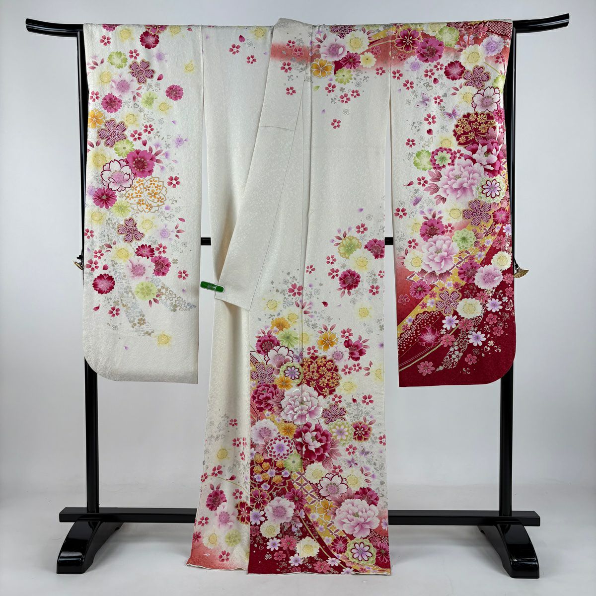 【庫存清倉】振袖禮服 身長170.5cm 袖長69.5cm L 雙層 牡丹 櫻花 刺繡 金銀彩 奶油色 純蠶絲 逸品級