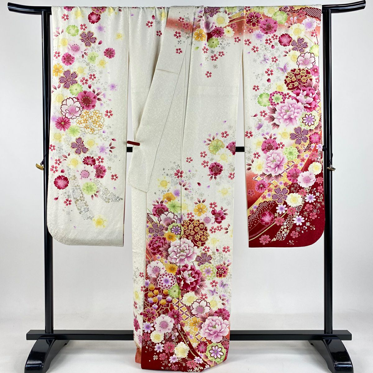 【庫存清倉】振袖禮服 身長169cm 袖長68.5cm L 雙層 牡丹 櫻花 刺繡 金銀彩 奶油色 純蠶絲 逸品級