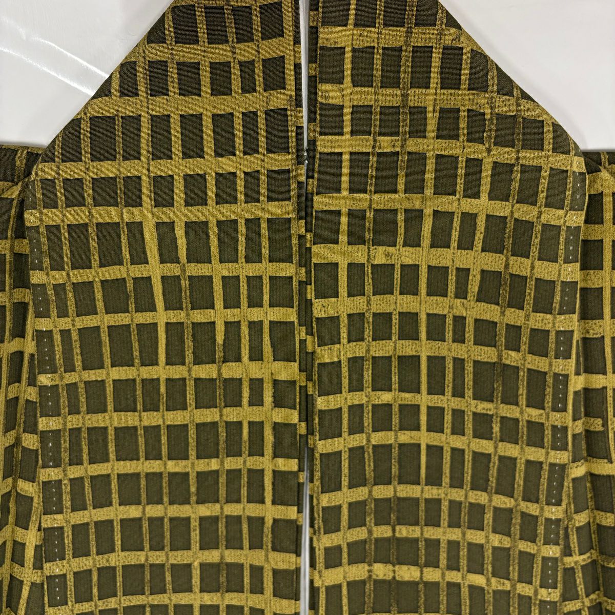 【庫存清倉】 小紋 身長156cm 袖長62cm S 雙層 格子 茶綠 純蠶絲 美品 秀品級