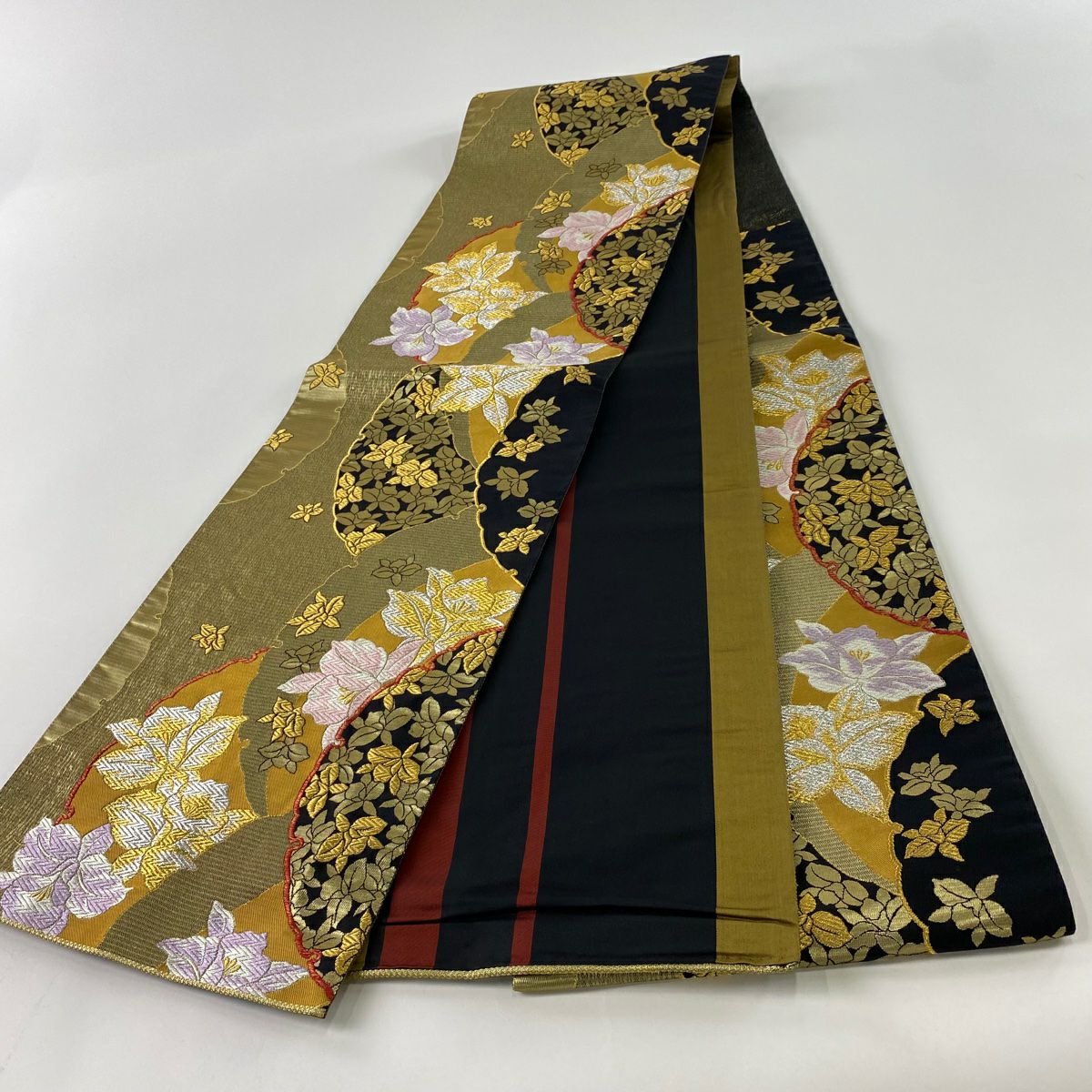 【庫存清倉】 袋帶 美品 秀品級 草花紋 雪輪 唐織 拉麵金金箔 金色 六通 純蠶絲