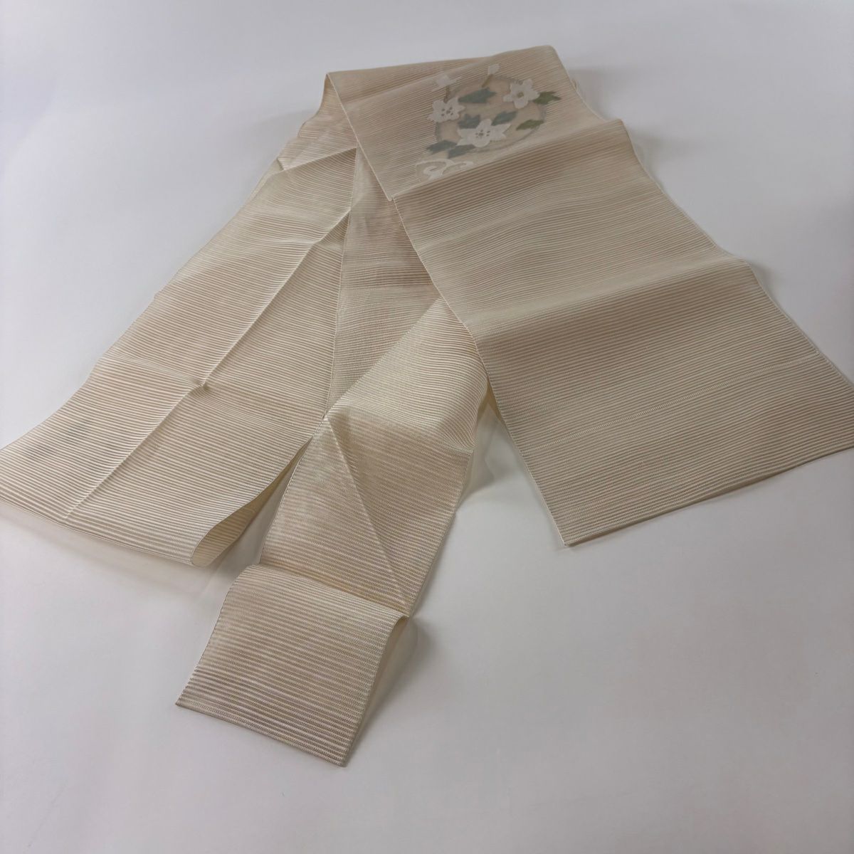 【清倉特賣】名古屋帶 優品級 夏帶 絽 八寸名古屋帶 松樹葉仕立 花丸紋 金銀彩 奶油色 純蠶絲