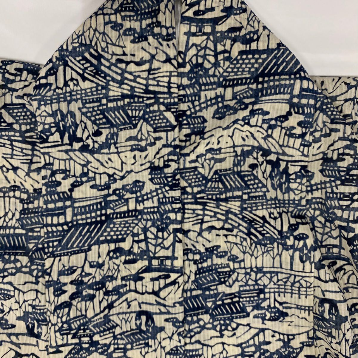 小紋 身長155cm 袖長62.5cm S 薄物 家屋 樹木 藍色 純蠶絲 美品 秀品級