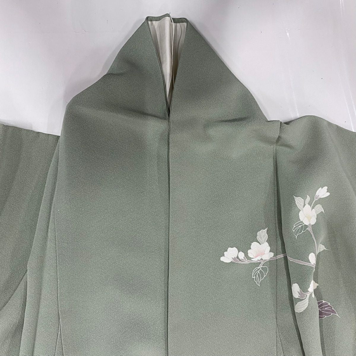 訪問服 身長152cm 袖長62.5cm S 雙層 落款 草花紋 染分 灰綠 純蠶絲 秀品級