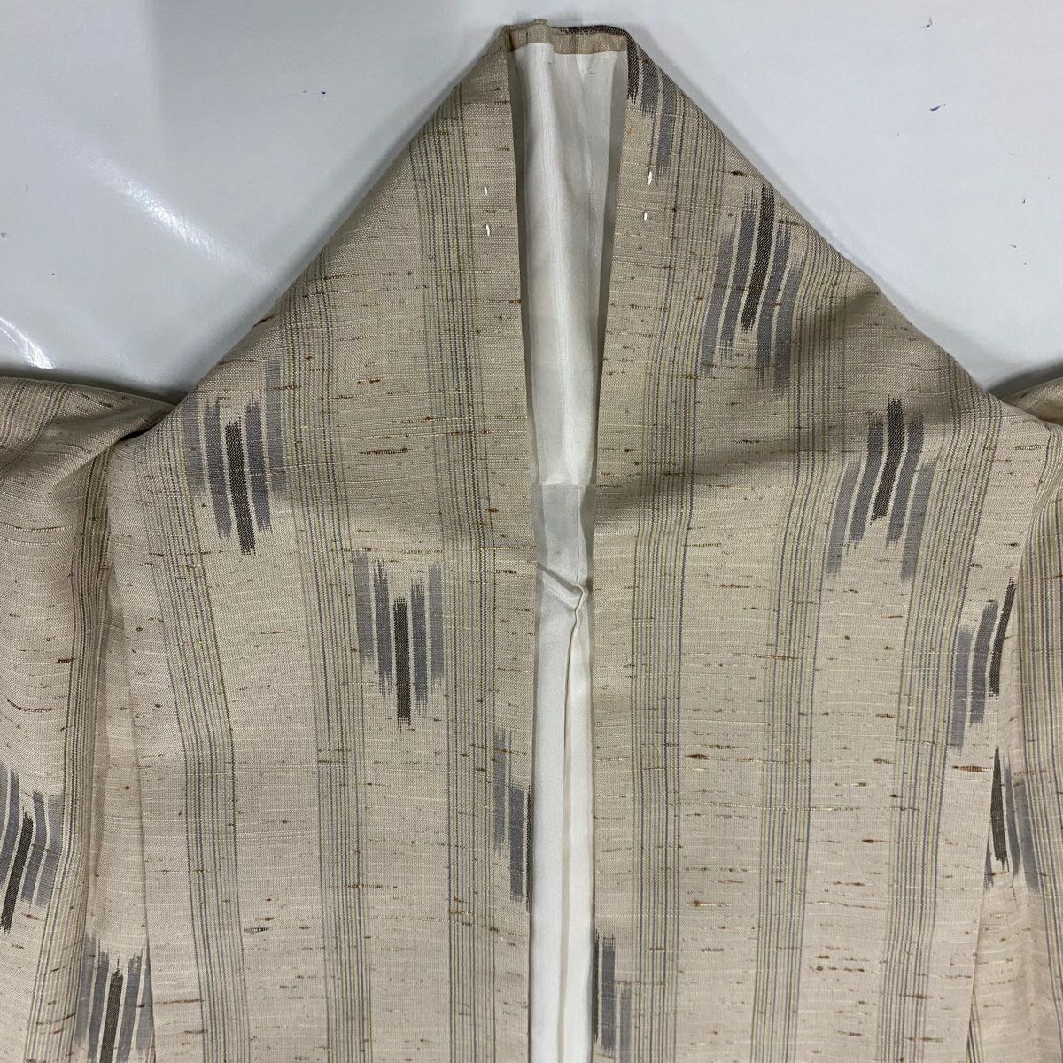 紬織 身長155.5cm 袖長62cm S 雙層 垂直條紋 幾何圖案 淺茶 純蠶絲 美品 名品級