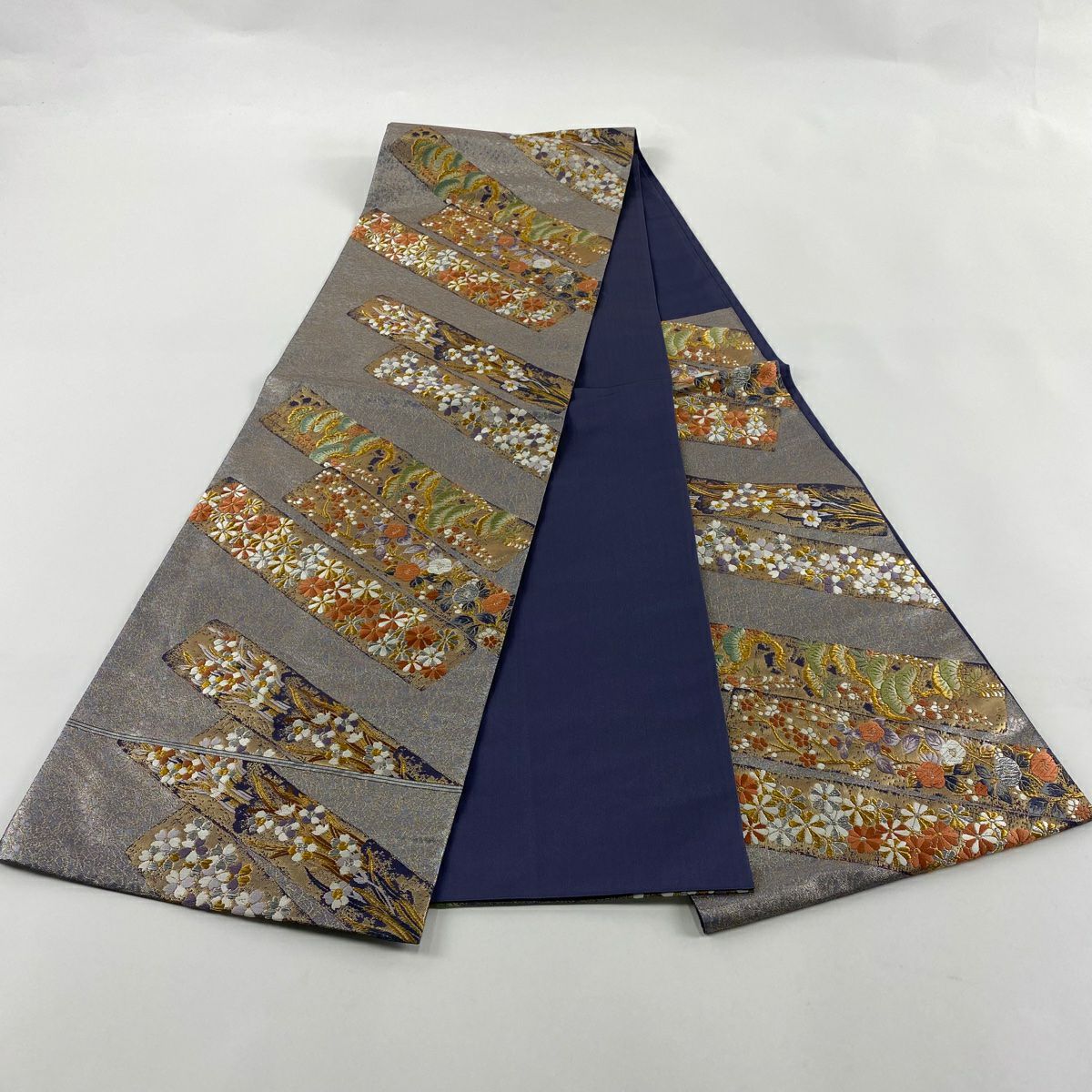 【庫存清倉】 袋帶 名品級 祥園 附落款 短冊 松樹梅花 金銀線 金金箔 淺紫 六通 純蠶絲
