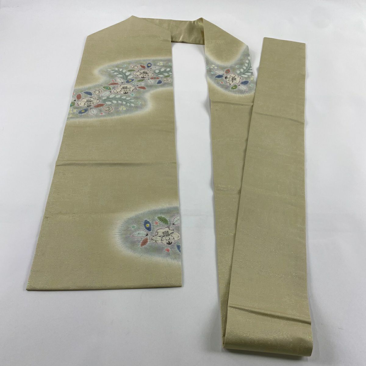 【庫存清倉】 名古屋帶 名品級 椿 霞 絞染 拉麵金金箔 米色 純蠶絲