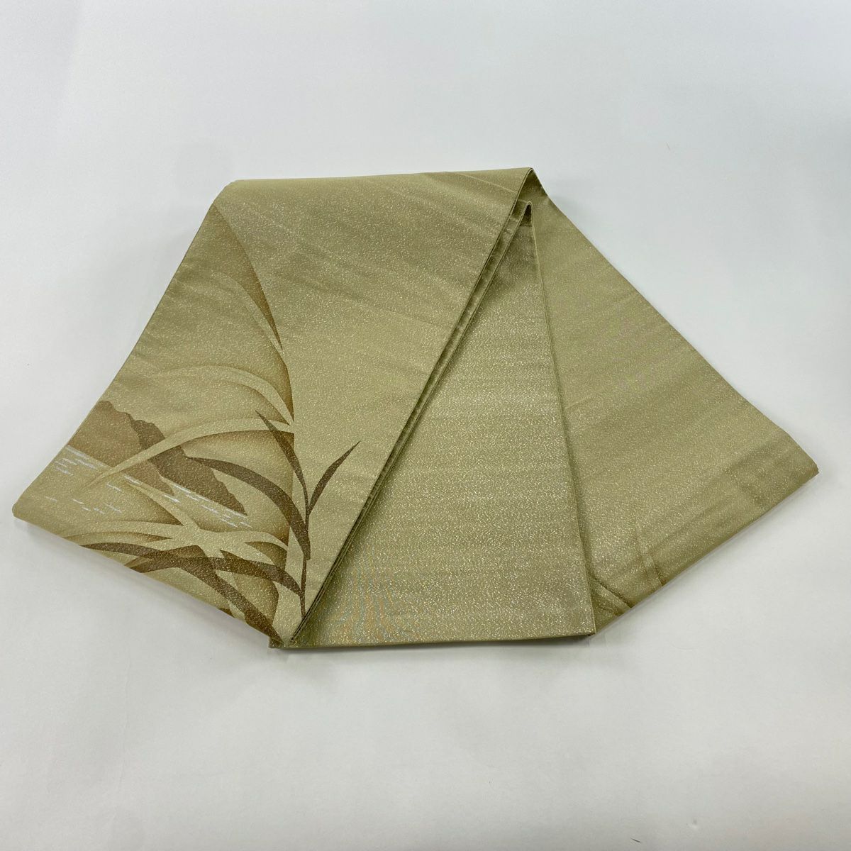 袋帶 秀品級 葉紋 水邊風景 金金箔 銀銀彩 淺茶 細鼓紋 純蠶絲