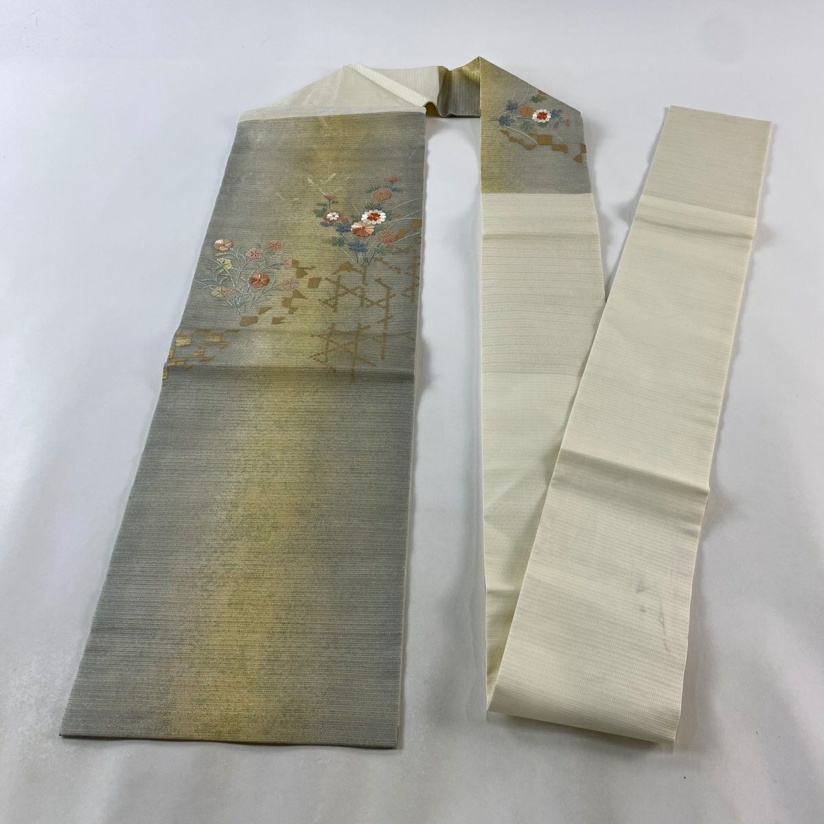 名古屋帶 秀品級 夏帶 菊花 撫子 刺繡 金銀彩 奶油色 純蠶絲