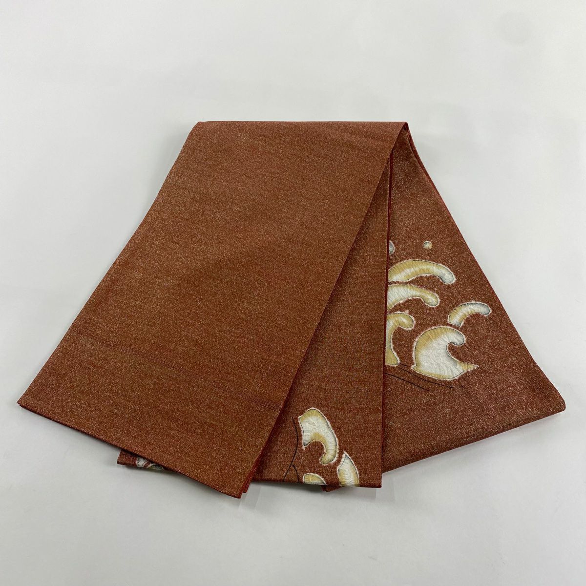 袋帶 美品 秀品級 關西仕立 雲波 金銀彩 紅茶 大鼓圖案 純蠶絲