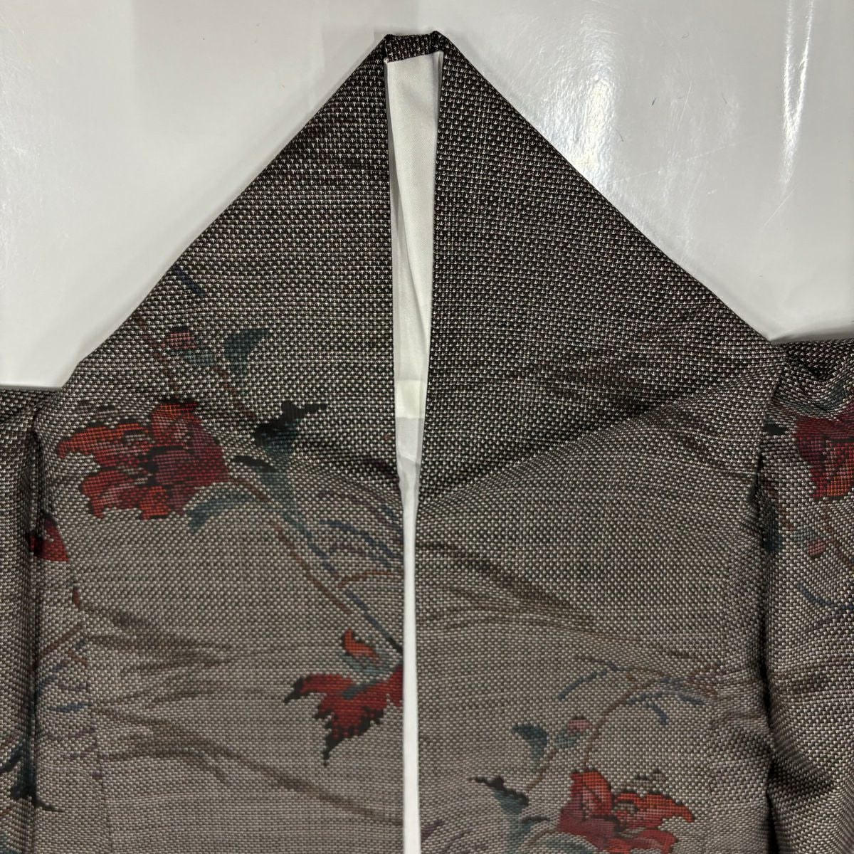 紬織 身長158cm 袖長63cm S 雙層 草花紋紋 焦茶 純蠶絲 美品 秀品級
