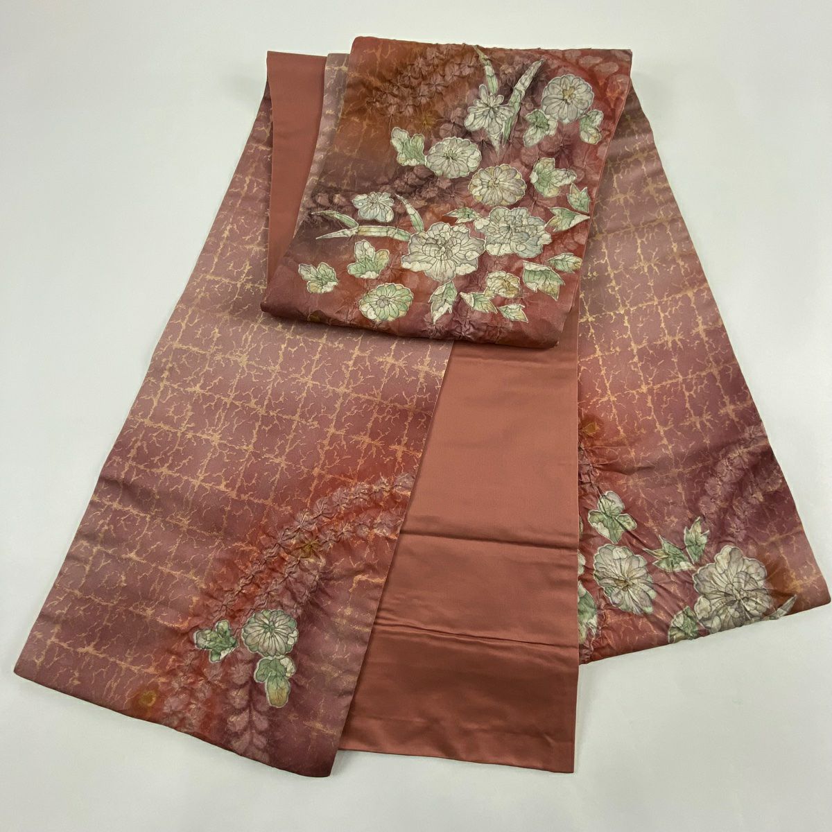 【庫存清倉】 袋帶 美品 名品級 辻花染 銀線 金金箔 紅紫 大鼓圖案 純蠶絲