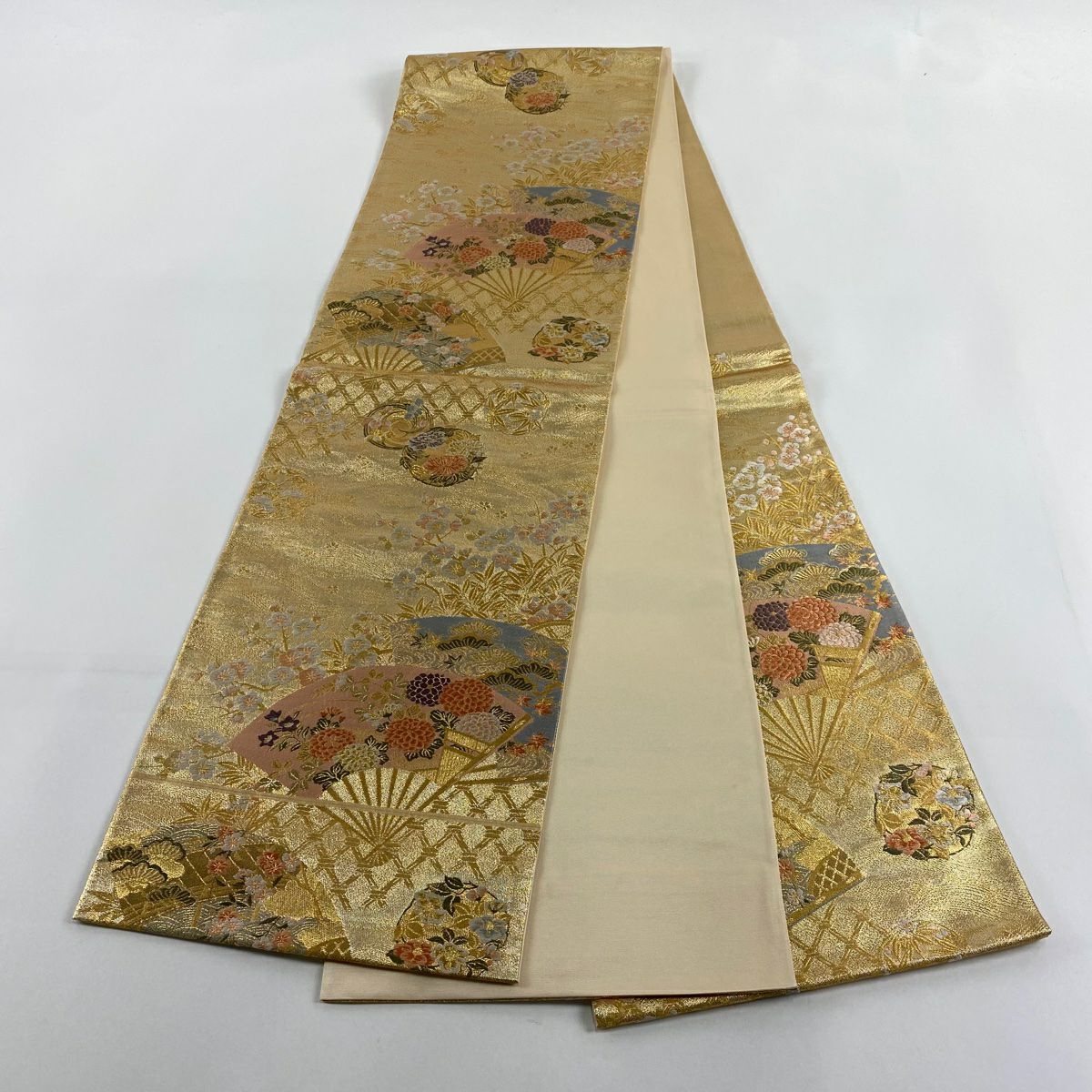 袋帶 美品 秀品級 扇子花丸紋 金絲 金金箔 金 六通 純蠶絲