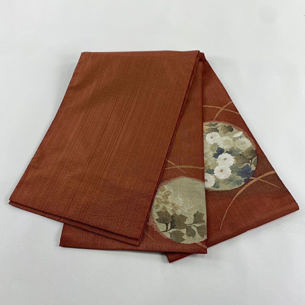 袋帶 秀品級 秋草 金糸 紅茶 お太鼓圖案 純蠶絲