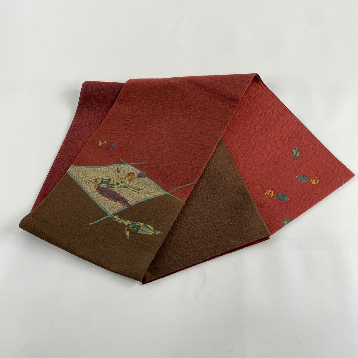 袋帶 秀品級 生物 茶 お太鼓紋 純蠶絲