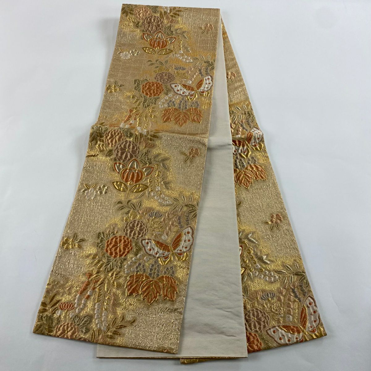 袋帶 美品 秀品級 蝶 菊花 金絲 金金箔 金色 全通 純蠶絲