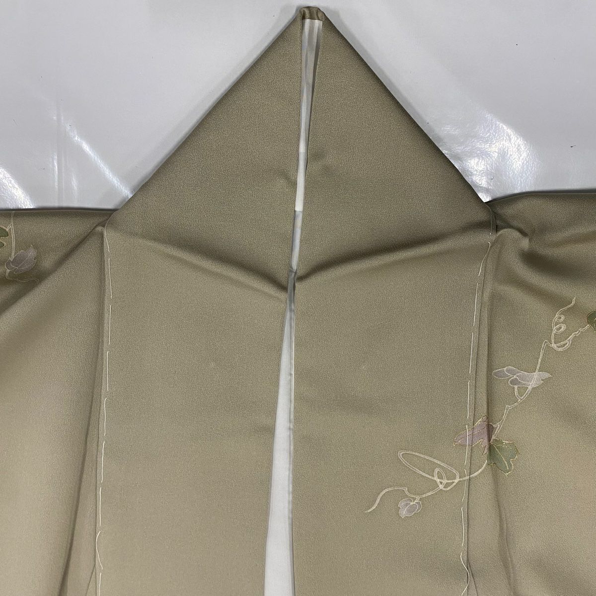 訪問服 身長154.5cm 袖長65cm M 雙層 枝花 流水 刺繡 金糸 灰綠 純蠶絲 秀品級 一つ紋
