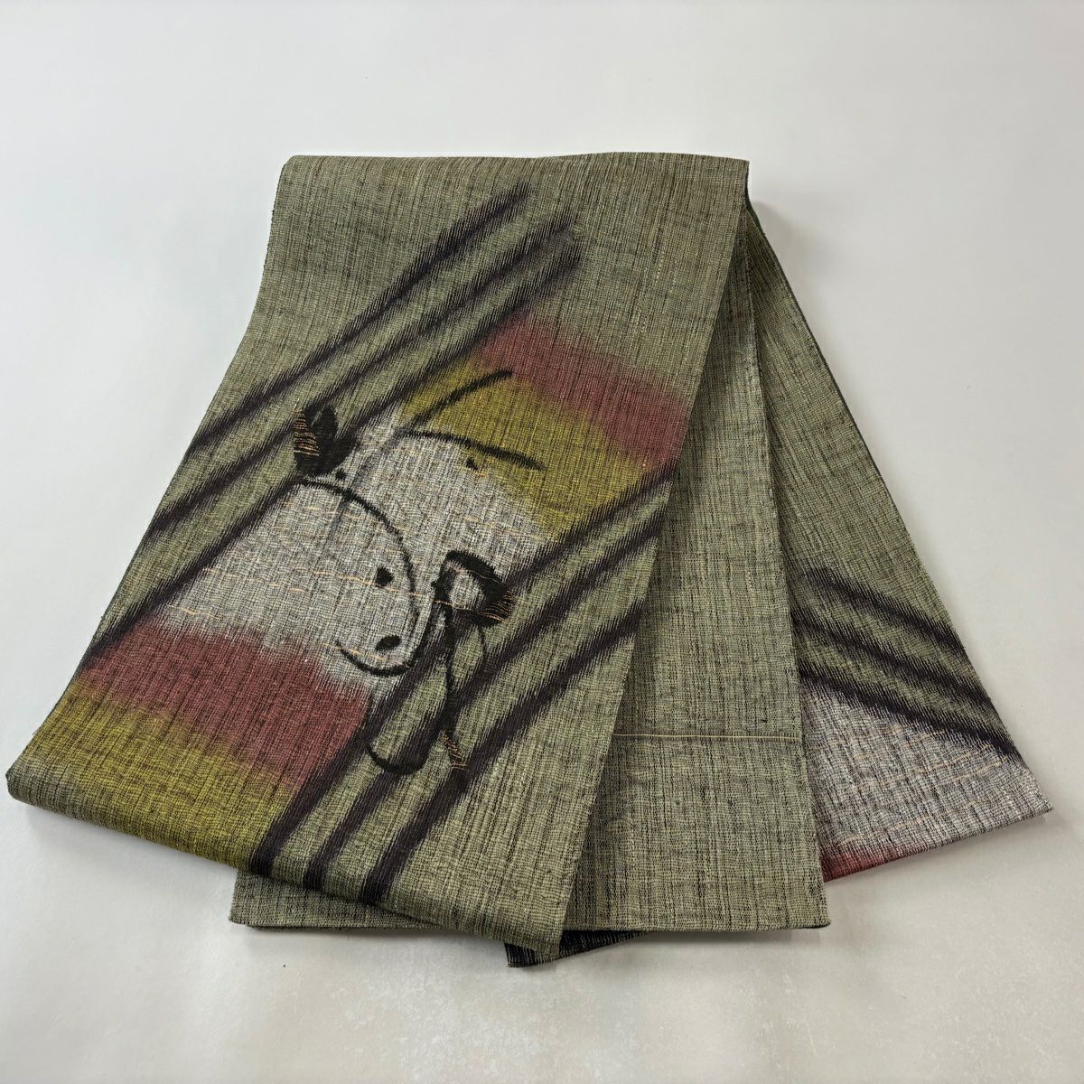 袋帶 美品 秀品級 幾何學 金金箔 灰綠 お太鼓圖案 純蠶絲