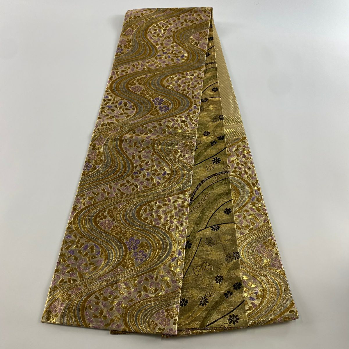 袋帶 秀品級 振袖禮服禮服用 櫻花 流水 金絲 金金箔 金色 六通 純蠶絲