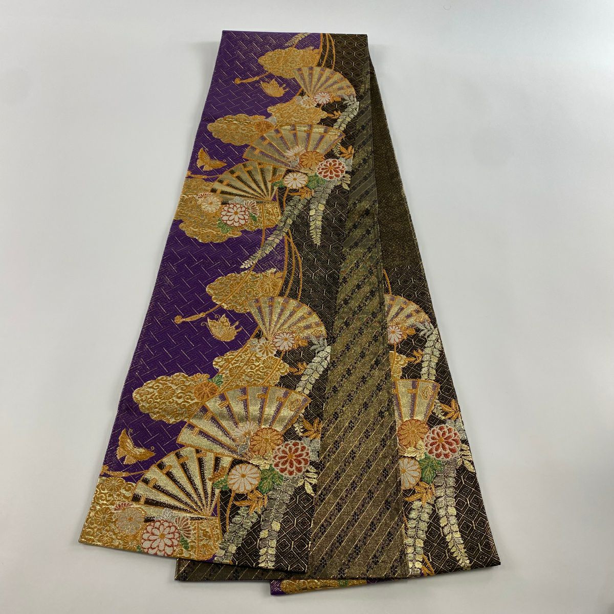 袋帶 美品 秀品級 檜扇子 草花紋 金絲 金金箔 紫 六通 純蠶絲