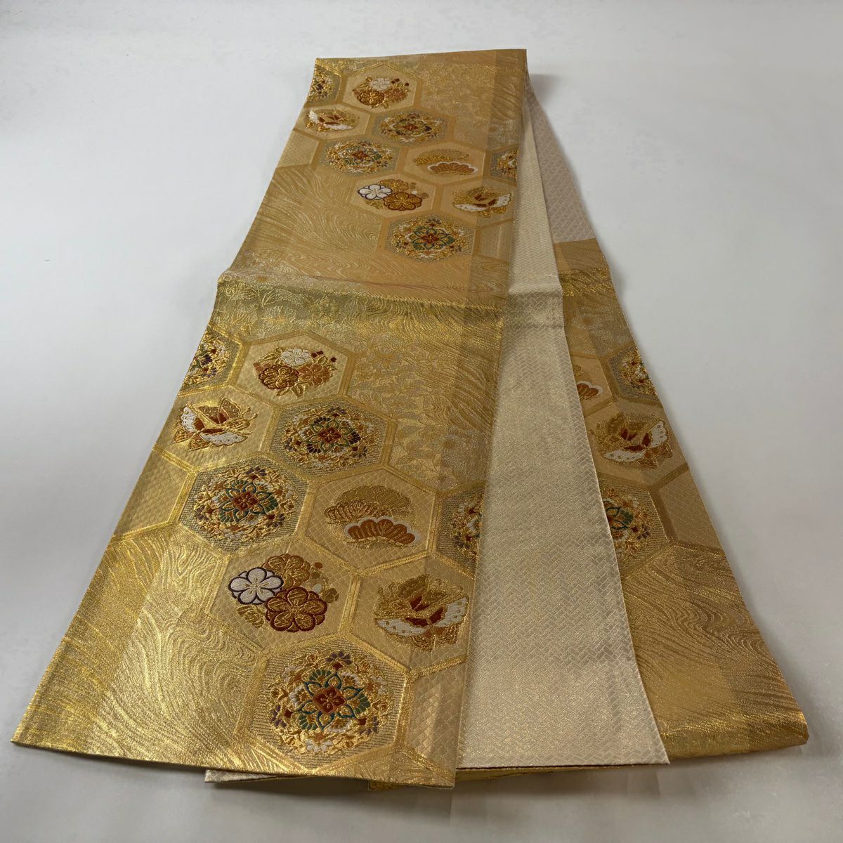 袋帶 美品 秀品級 龜甲 華紋 金絲 金金箔 金 六通 純蠶絲