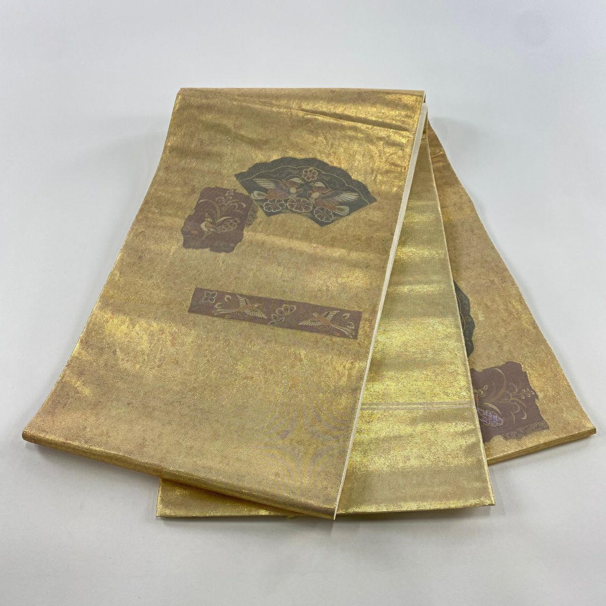 袋帶 秀品級 扇子面 鳥 螺鈿金金箔 金銀彩 純蠶絲