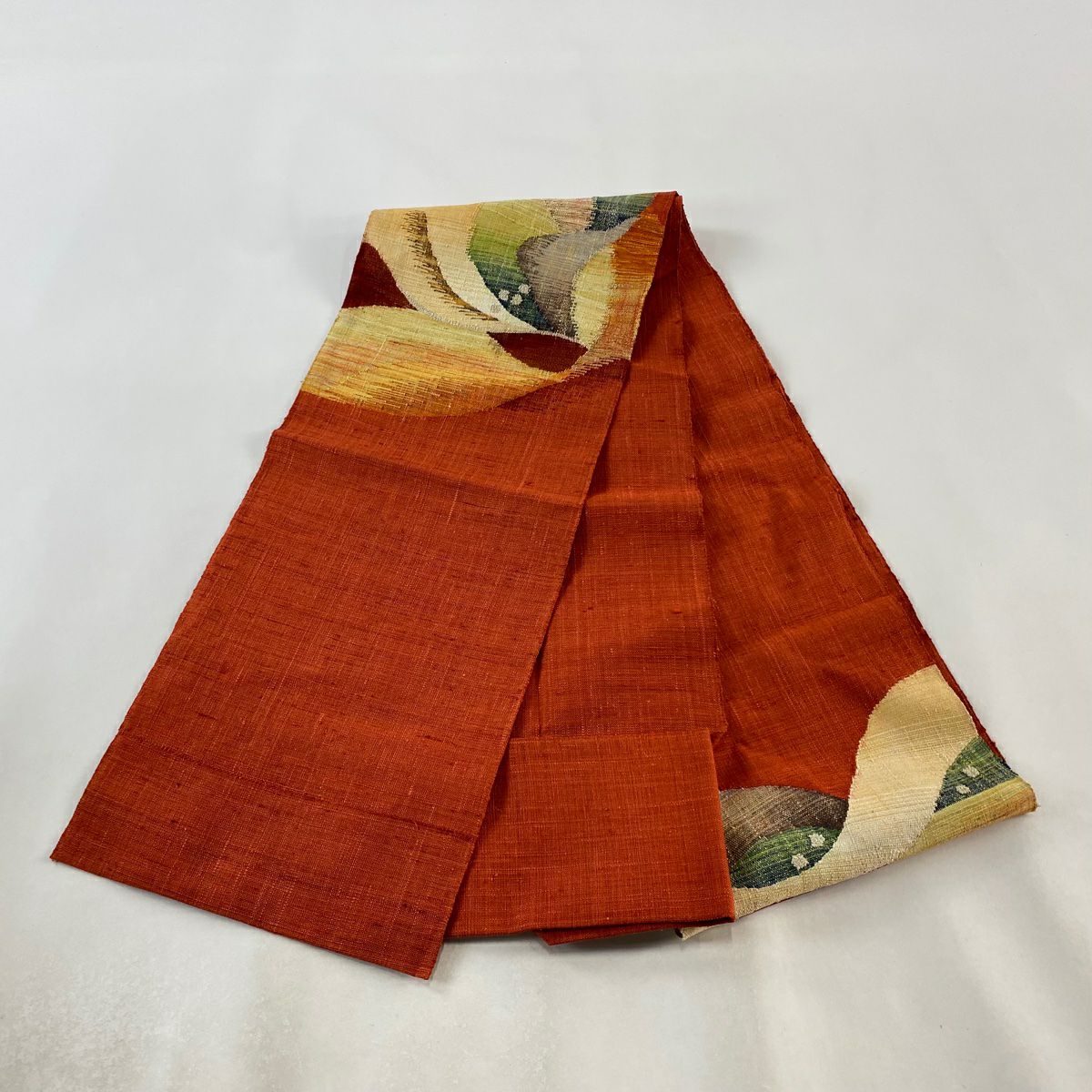名古屋帶 美品 優品級 八寸名古屋帶 紬織織 松樹葉仕立 幾何學圖案 朱 純蠶絲