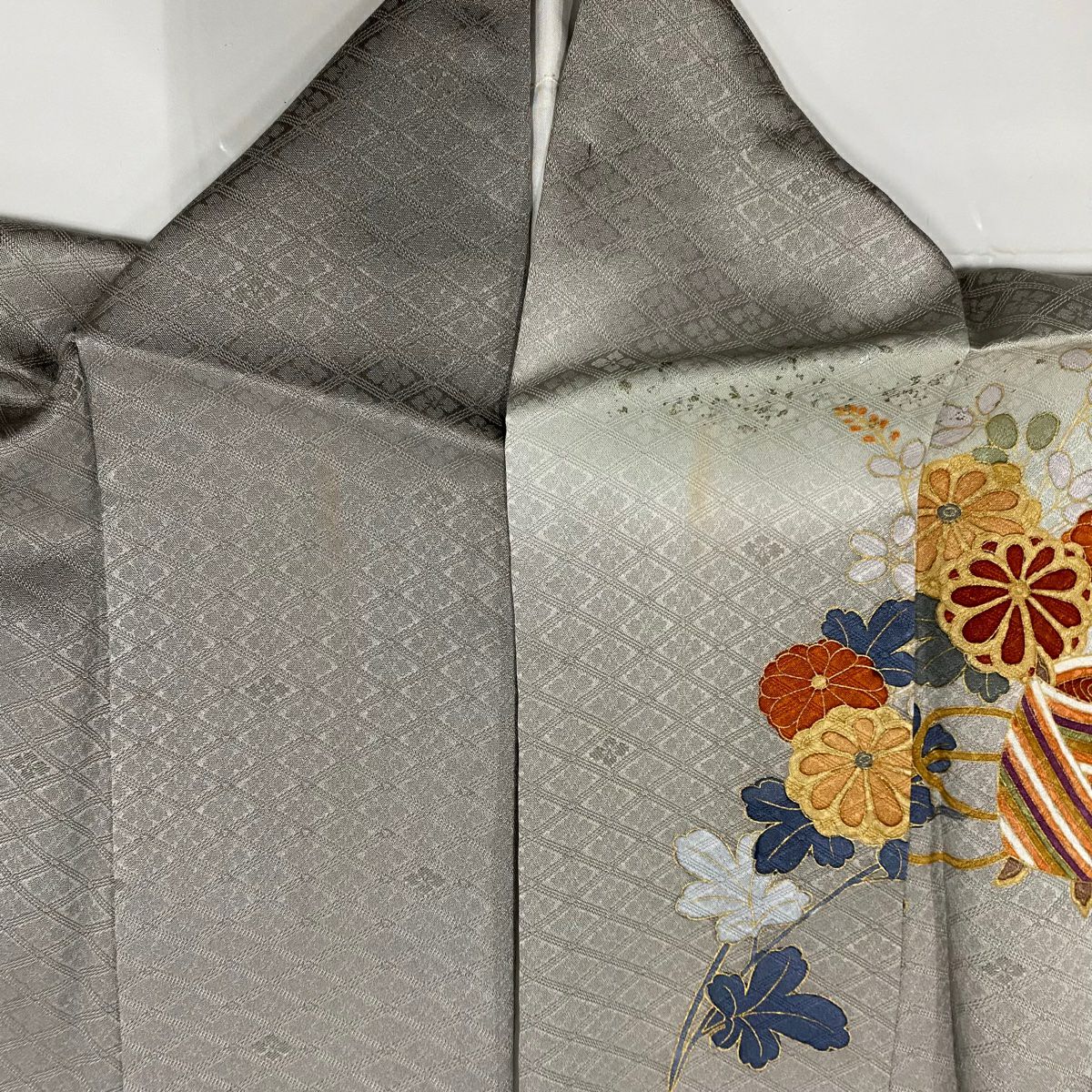 訪問服 身長163cm 袖長67cm M 雙層 菊花 花紋 金絲 金銀彩 灰 純蠶絲 秀品級