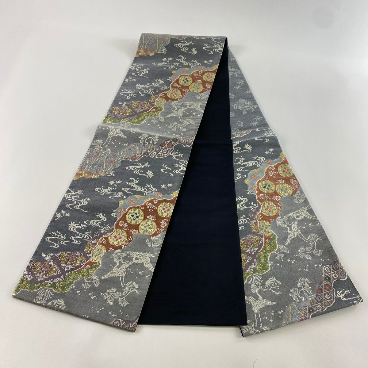 袋帶 美品 秀品級 有栖川綴 吉祥道長文 仙鶴 金糸 金金箔 灰 六通 純蠶絲