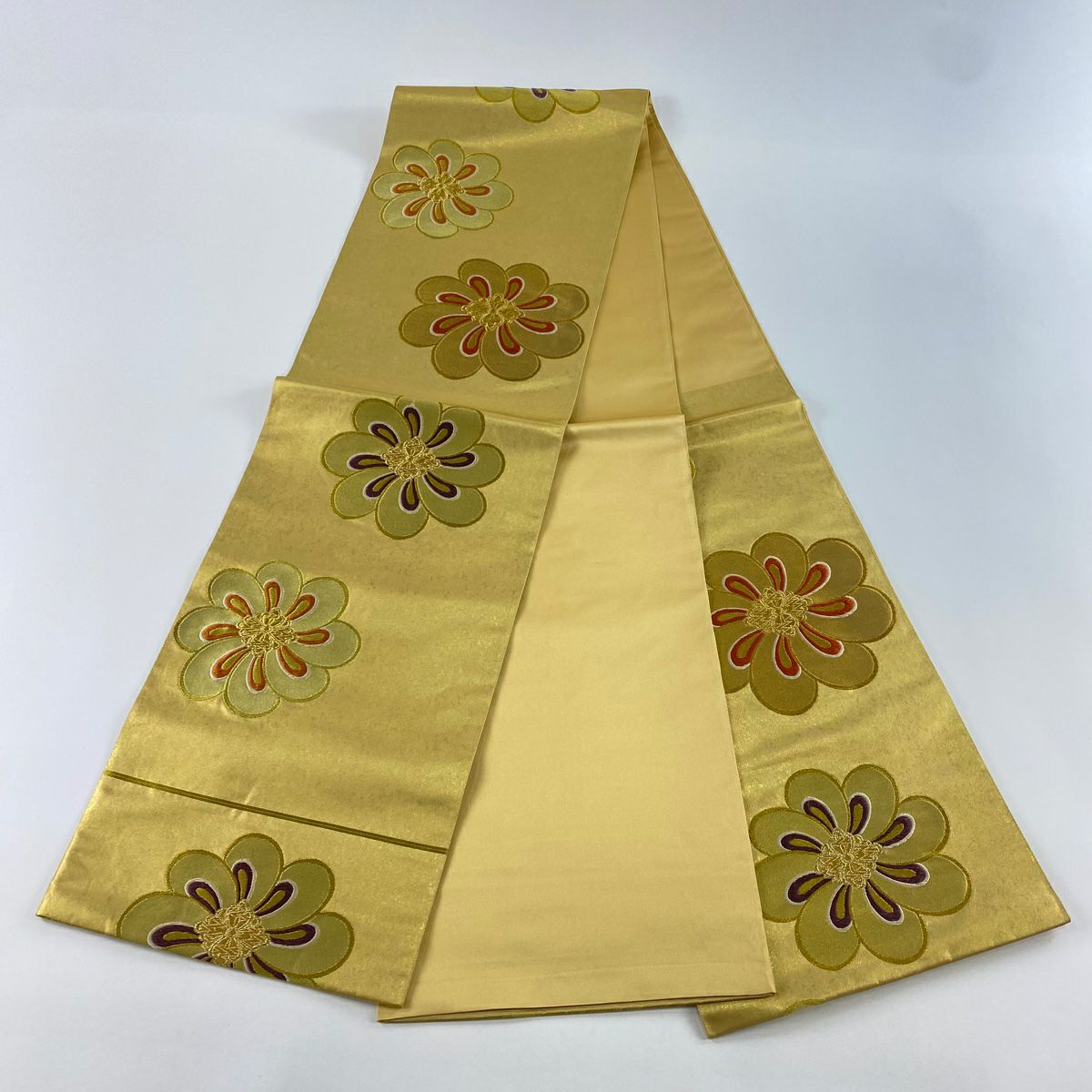 袋帶 美品 秀品級 關西仕立 花 金絲 唐織 金色 六通 純蠶絲