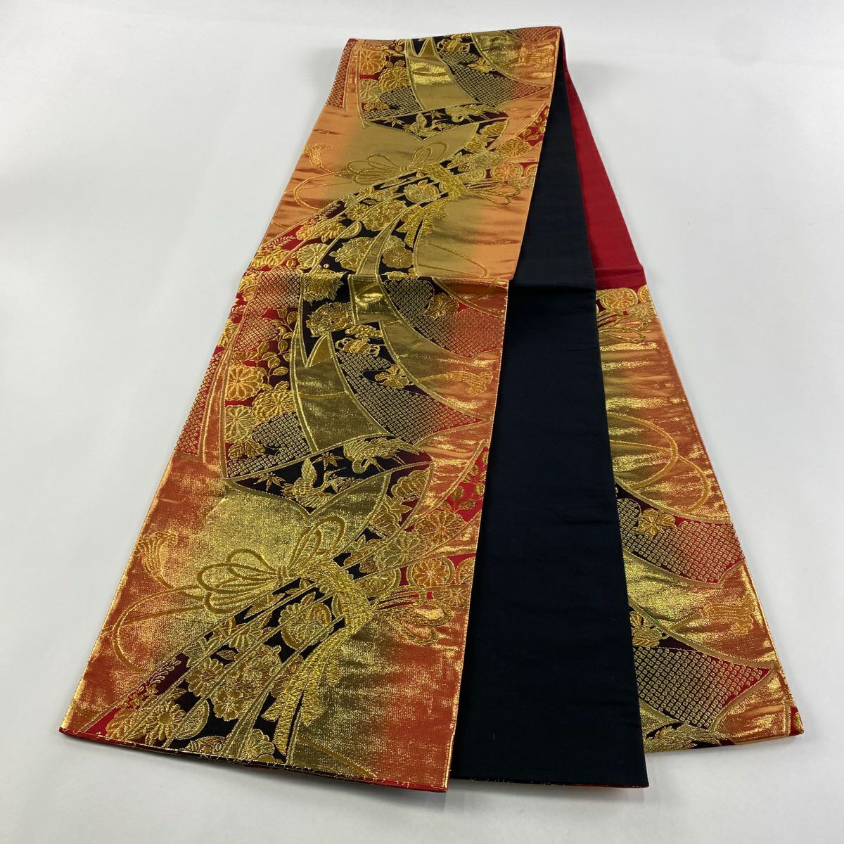 袋帶 美品 秀品級 束帶熨斗紋 花鳥 金金箔 金絲 黑 六通 純蠶絲