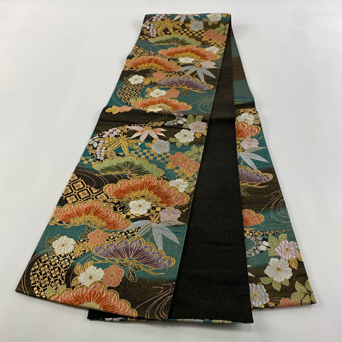 袋帶 秀品級 笠松樹 笹 刺繡 金線 深綠 六通 純蠶絲