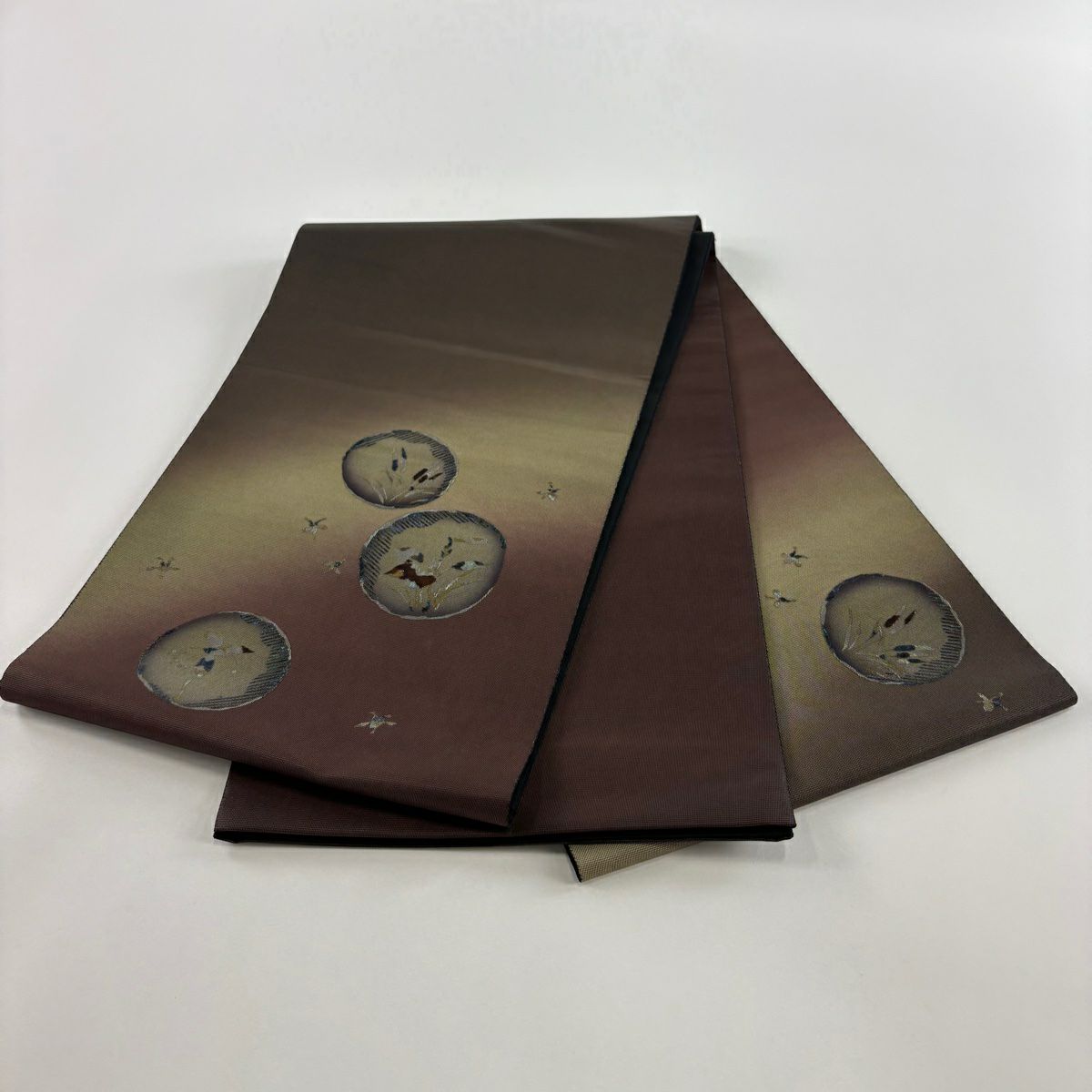 袋帶 美品 秀品級 草花紋紋 螺鈿 金金箔 小豆 深藍色 お太鼓圖案 純蠶絲