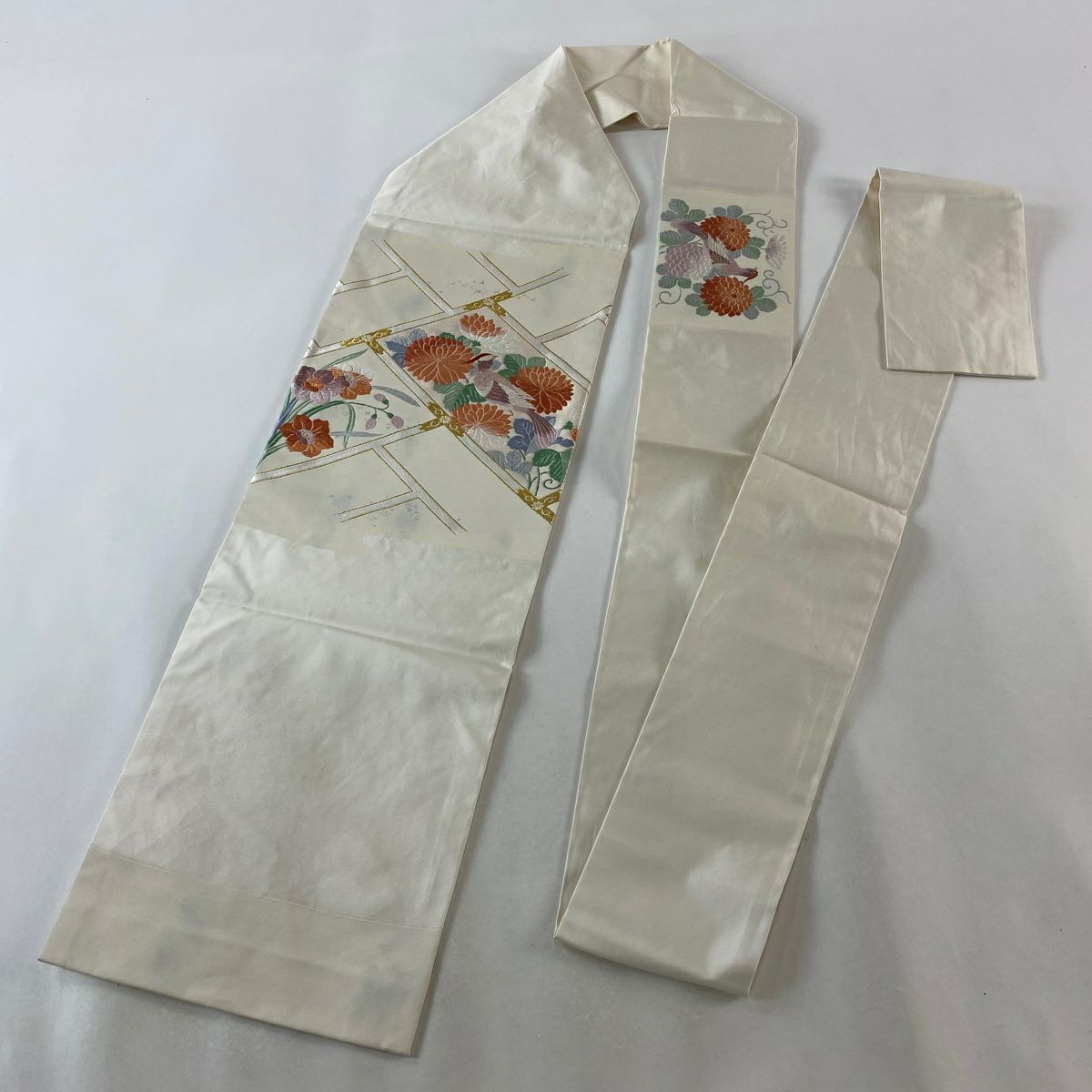 名古屋帶 優品級 菊花花 鳥刺繡 金絲 奶油色 純蠶絲