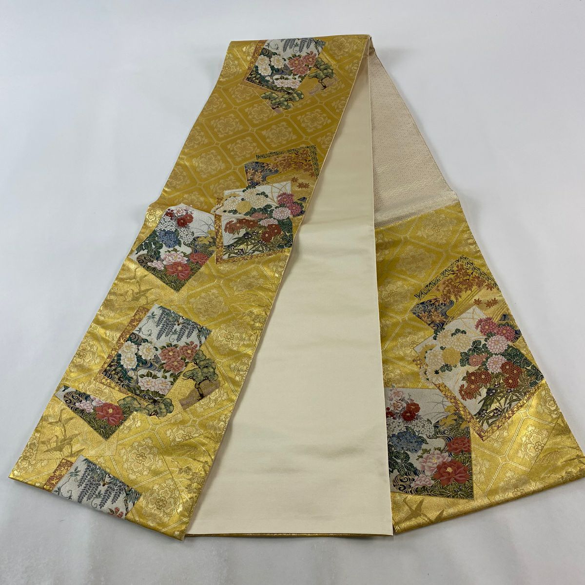 袋帶 美品 秀品級 色紙 草花紋 金銀絲 金金箔 金色 大鼓圖案 純蠶絲