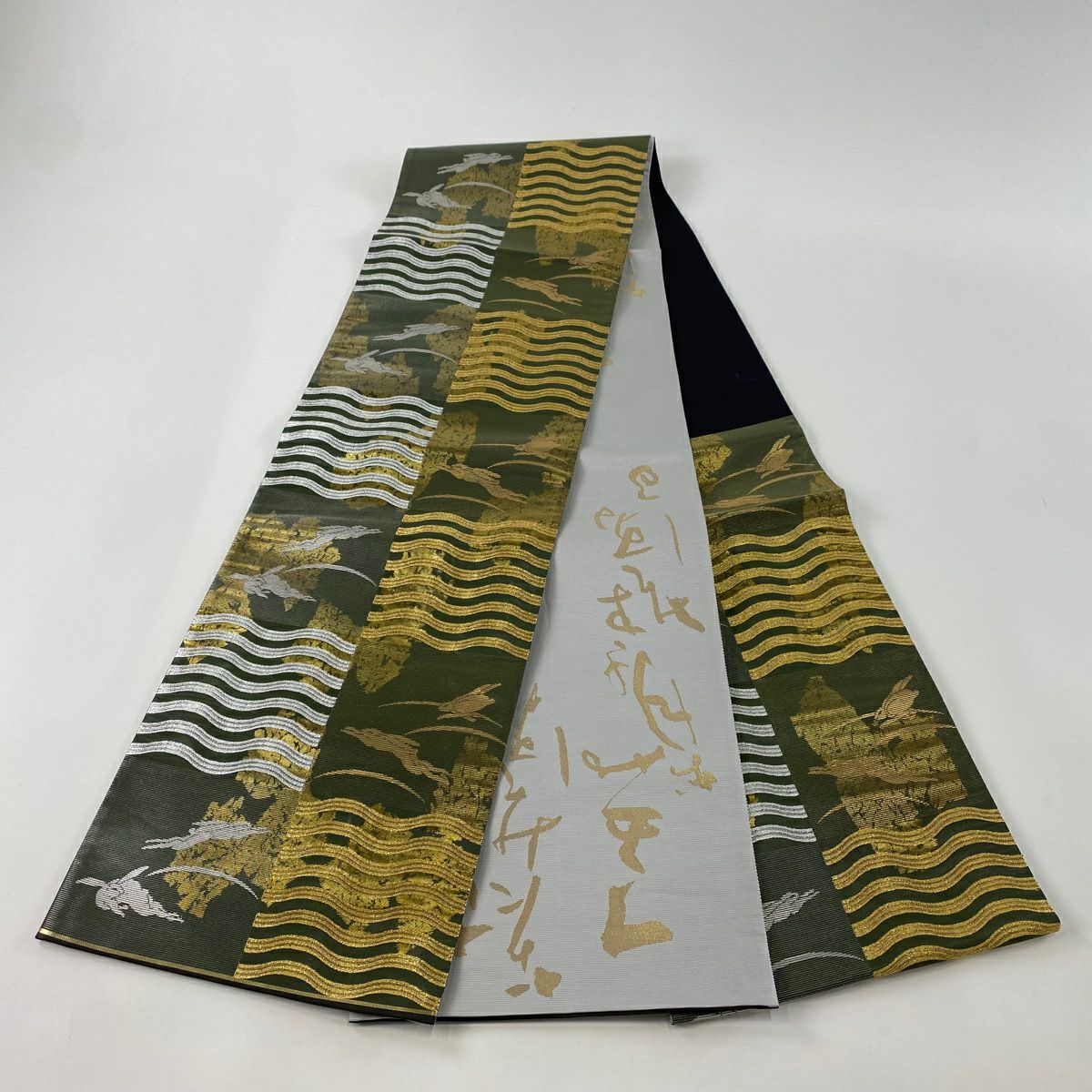 袋帶 美品 名品級 兔子 幾何學 金銀線 金金箔 艾草色 六通 純蠶絲