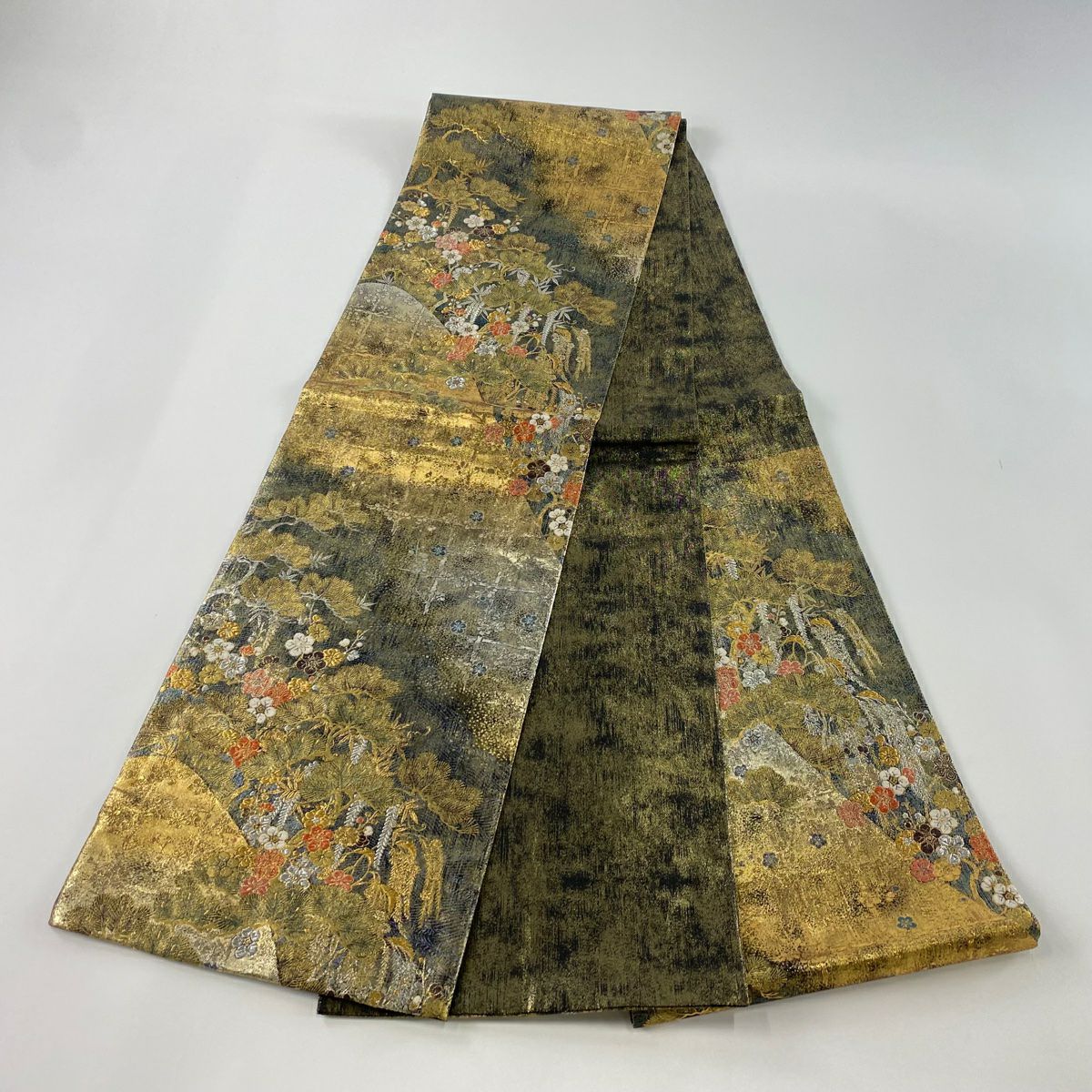 袋帶 美品 秀品級 松樹竹子梅花 山並 金銀線 金金箔 青綠 六通 純蠶絲