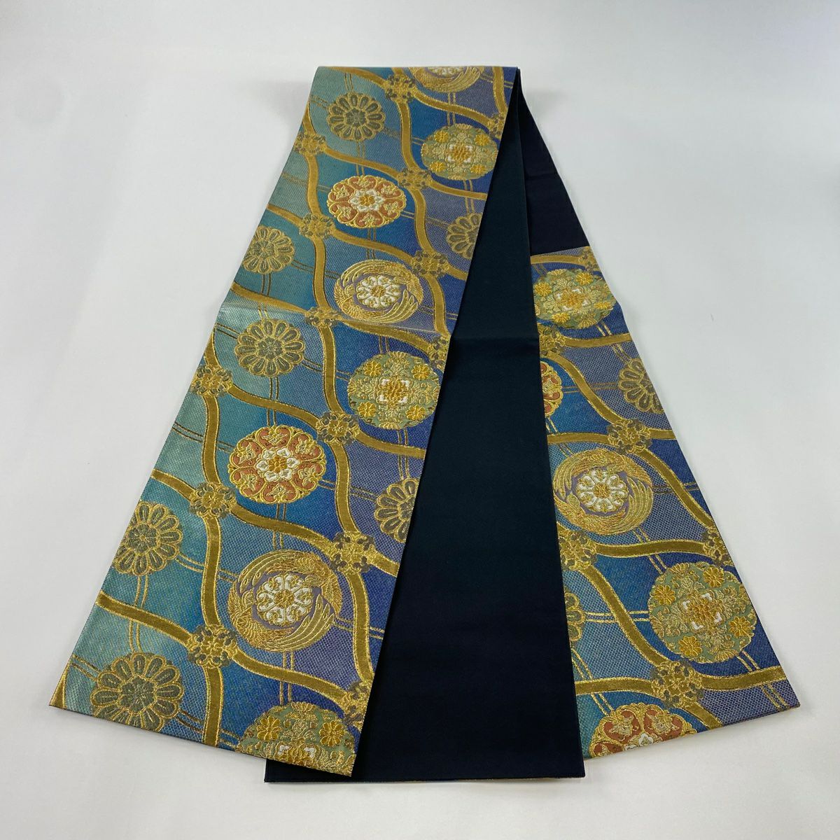 袋帶 美品 秀品級 華紋 立涌 金絲 金金箔 青綠 六通 純蠶絲