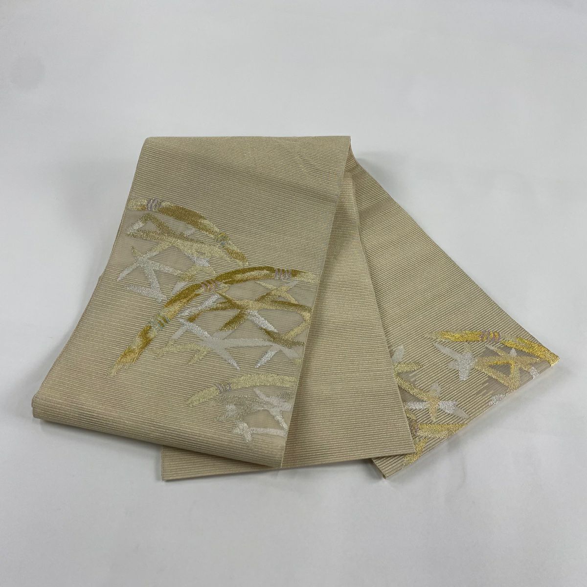 袋帶 美品 名品級 夏帶 絽 間垣 金銀絲 米色 お太鼓圖案 純蠶絲