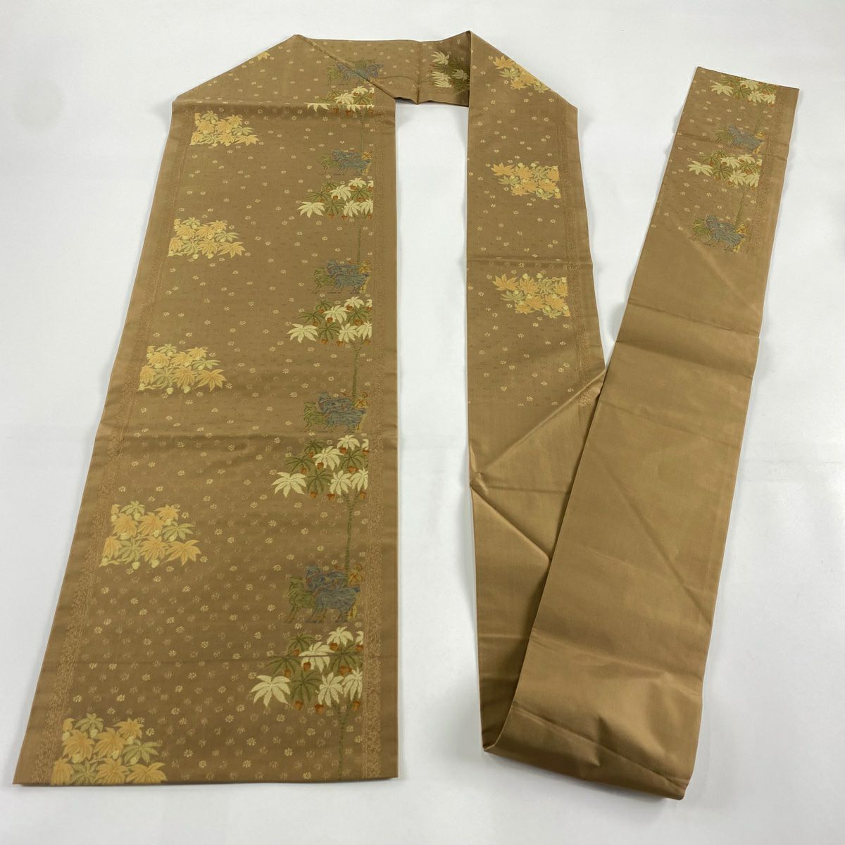 名古屋帶 美品 優品級 有落款 葉柄 山羊 茶 純蠶絲