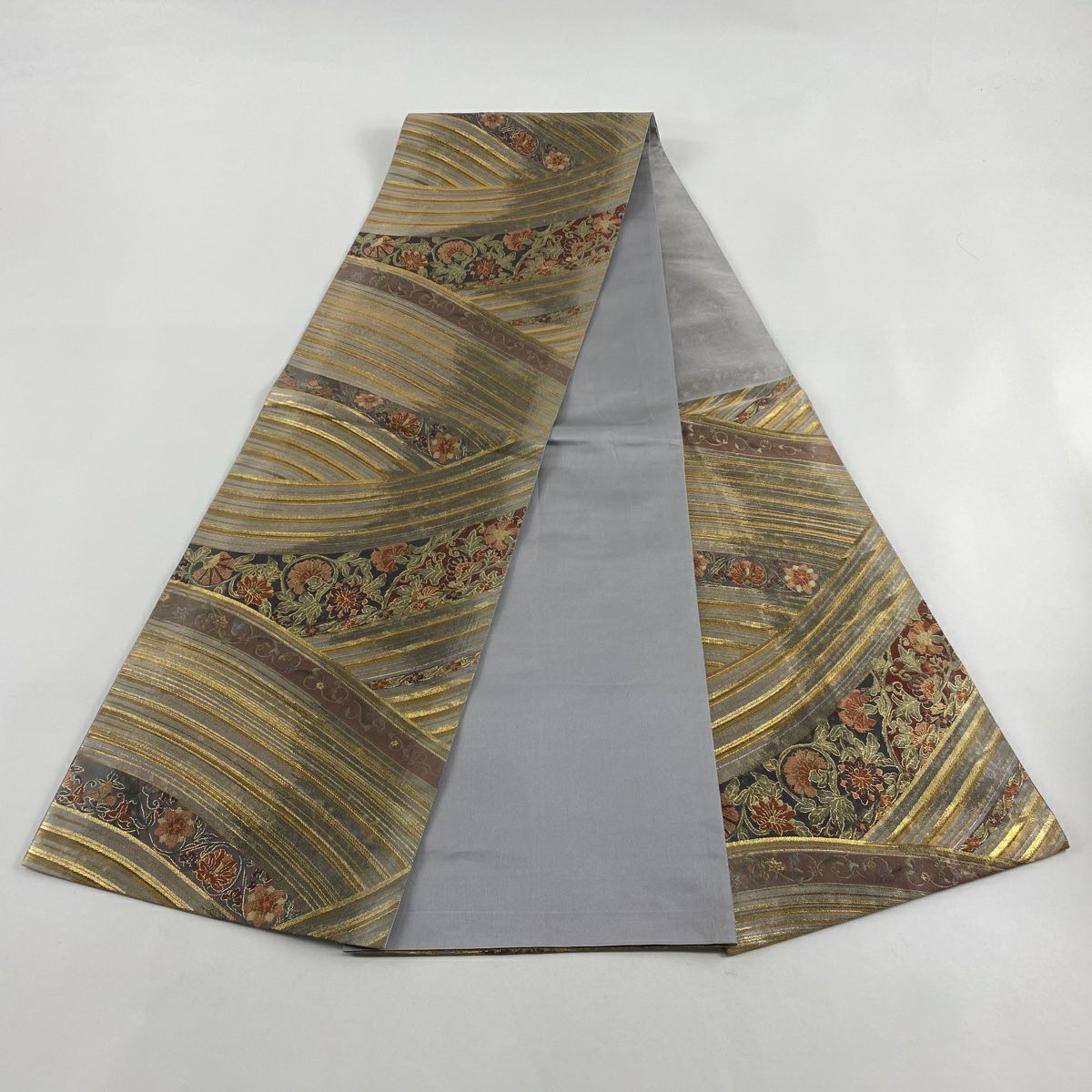 【美品】 袋帶 秀品級 花唐草紋 斜紋 金絲 金金箔 灰紫 六通 純蠶絲