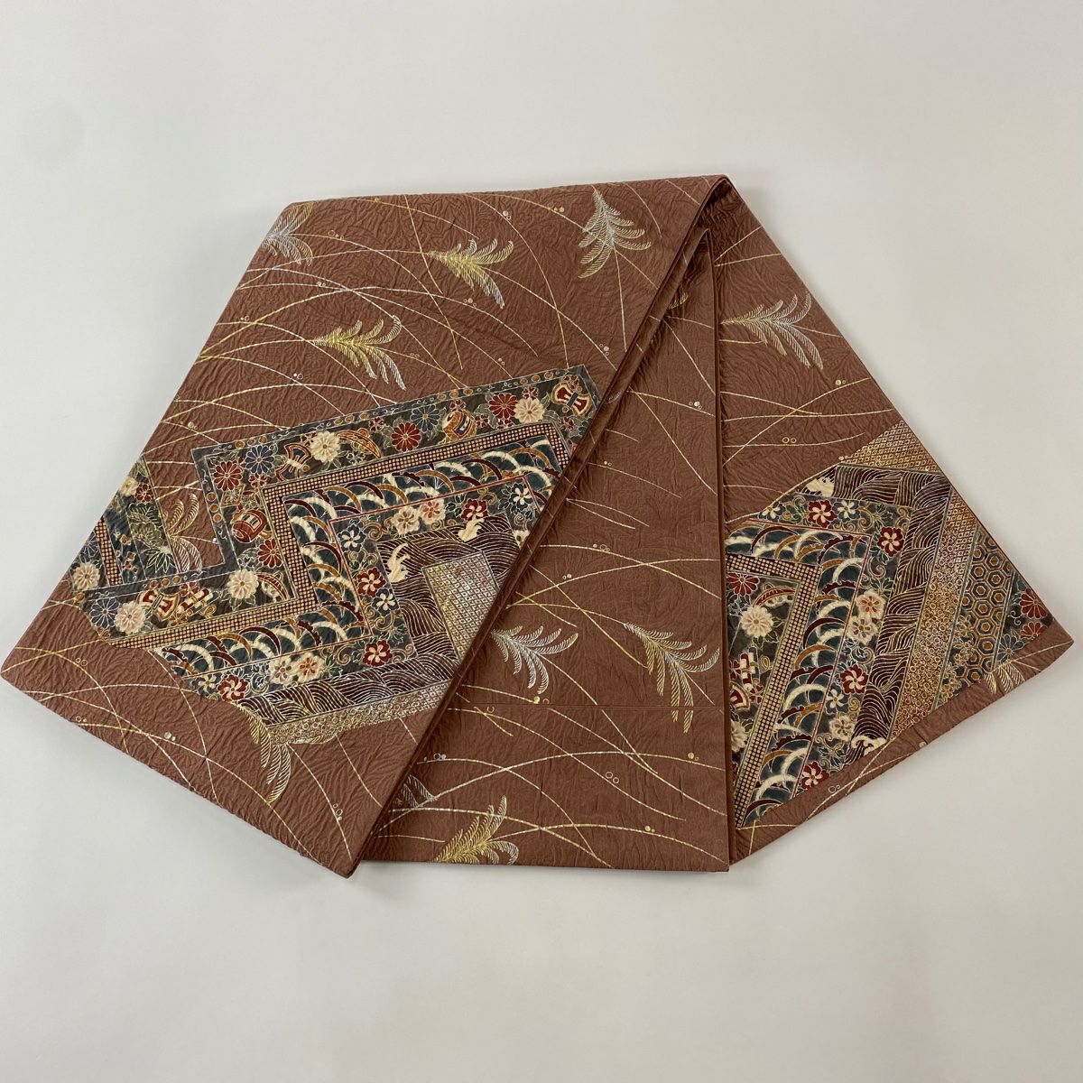袋帶 秀品級 寶盡くし 雪芝 金銀彩 小豆 深紅色 お太鼓圖案 純蠶絲