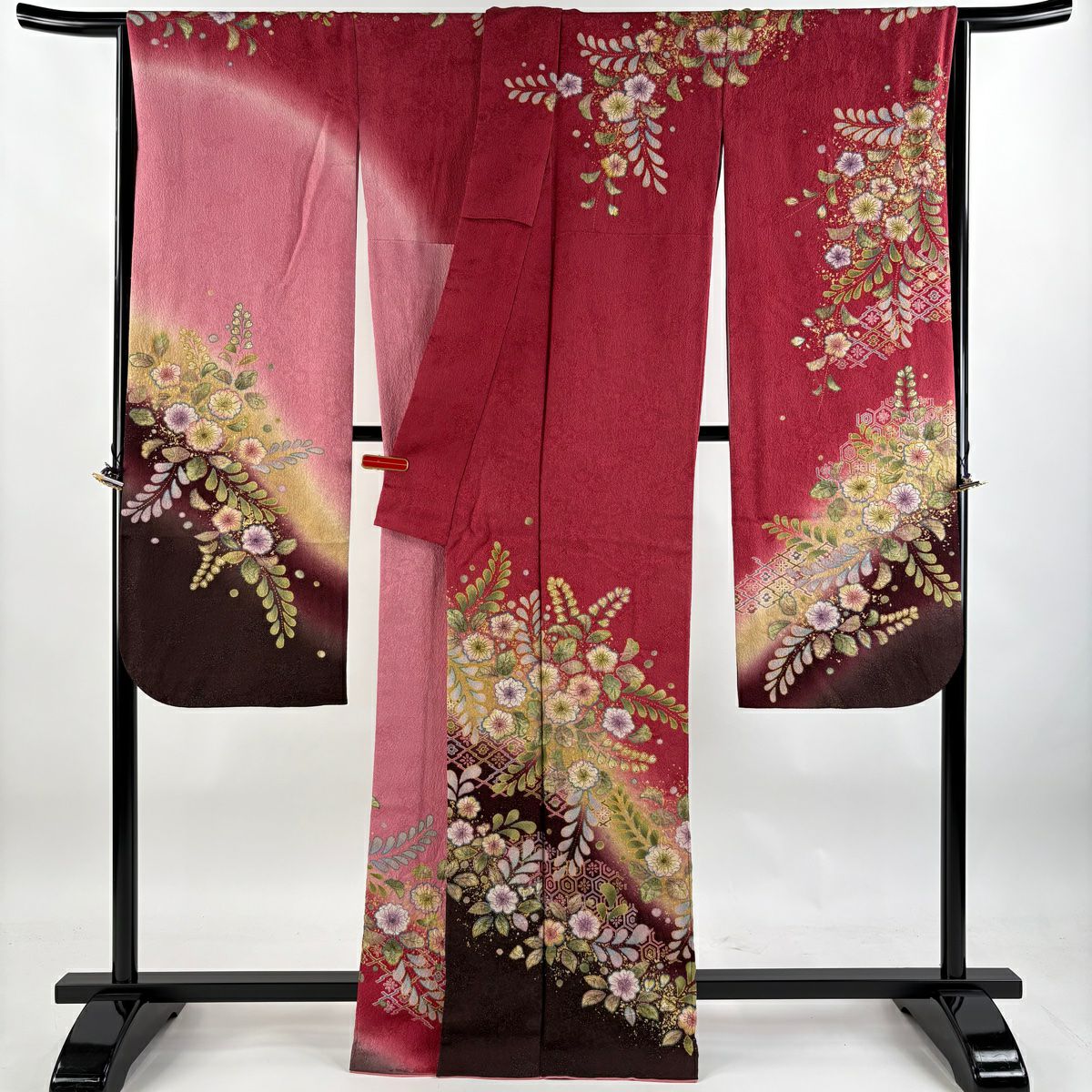 振袖禮服 身長164cm 袖長70cm L 雙層 辻花染 松樹川菱 金通 金銀彩 深粉 純蠶絲 美品 逸品級