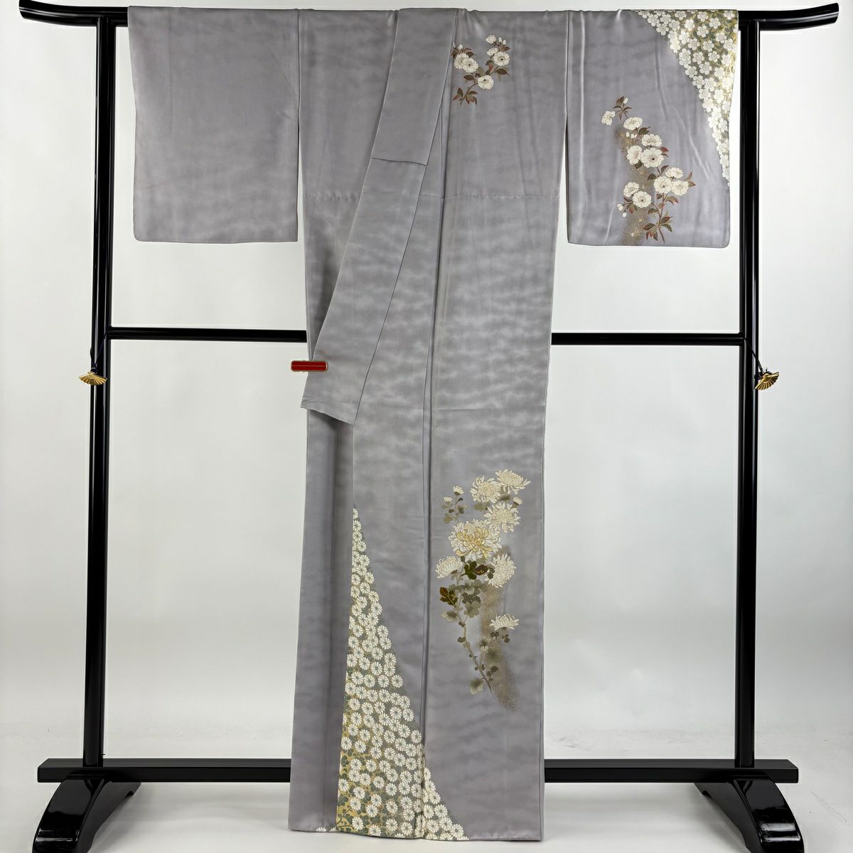 付下 身長164cm 袖長66.5cm M 雙層 甲斐泰造 有落款 菊花 螺鈿 金銀彩 淺紫 純蠶絲 逸品級