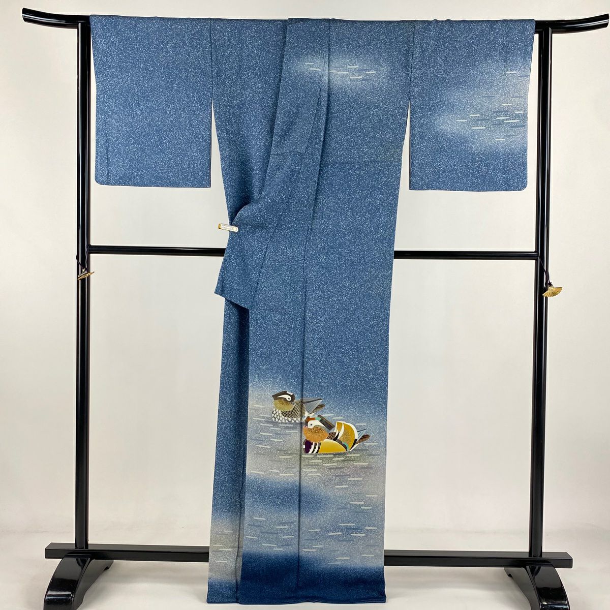 訪問服 身長167cm 袖長66.5cm M 雙層 人間國寶 羽田登喜男 落款 鴛鴦 水邊 金銀彩 漸層 青 純蠶絲 逸品級