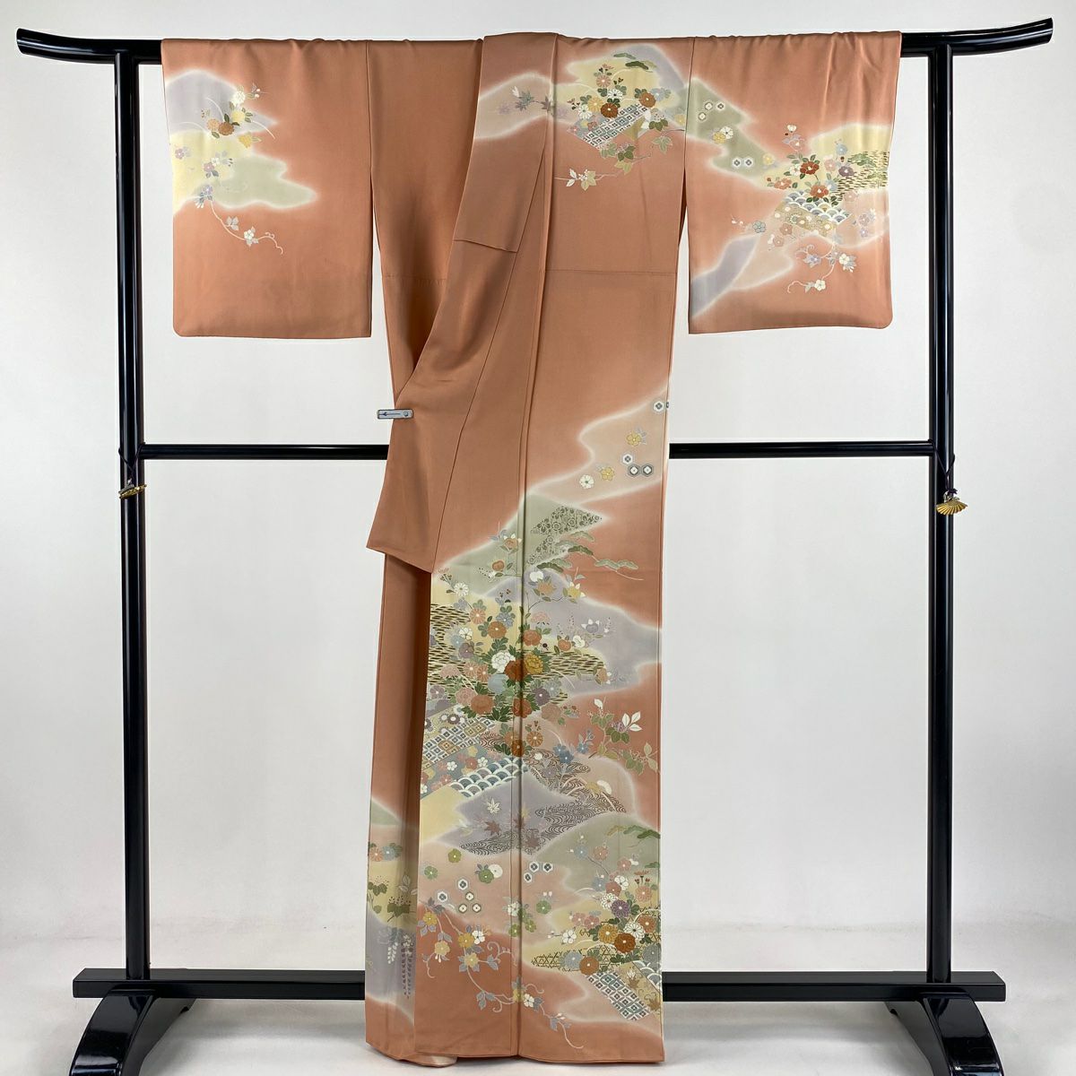 訪問服 身長164cm 袖長63.5cm S 雙層 千總 落款 草花紋紋 流水 金銀彩 金絲 鮭粉色 純蠶絲 逸品級