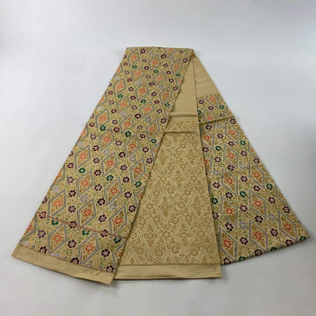 【庫存清倉】 袋帶 美品 名品級 歌集花菱紋 刺繡 金金箔 淺茶 深色 六通 純蠶絲