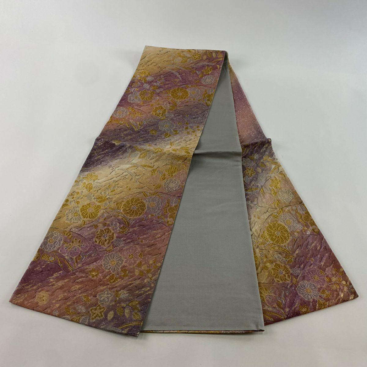 【庫存清倉】 袋帶 美品 名品級 草花紋紋 扇子面 金銀彩 金金箔 灰紫 六通 純蠶絲