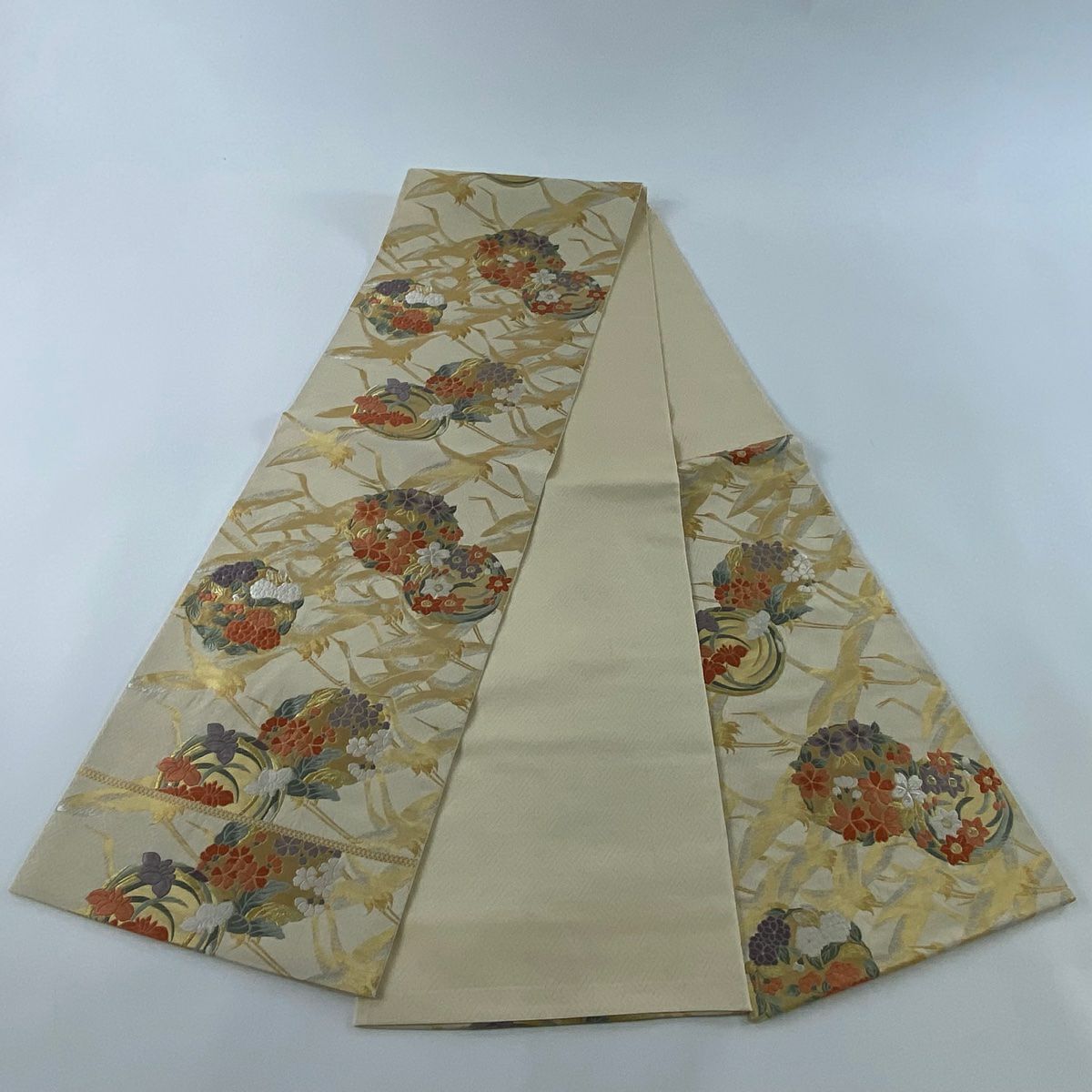 袋帶 美品 秀品級 花丸紋 仙鶴 金銀線 金金箔 米色 六通 純蠶絲